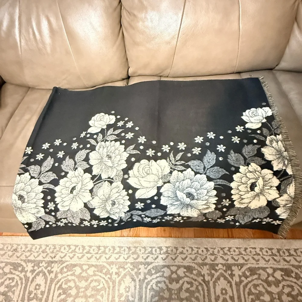 Large Floral Black and Cream Reversible Shawl,Scarf, Poncho.